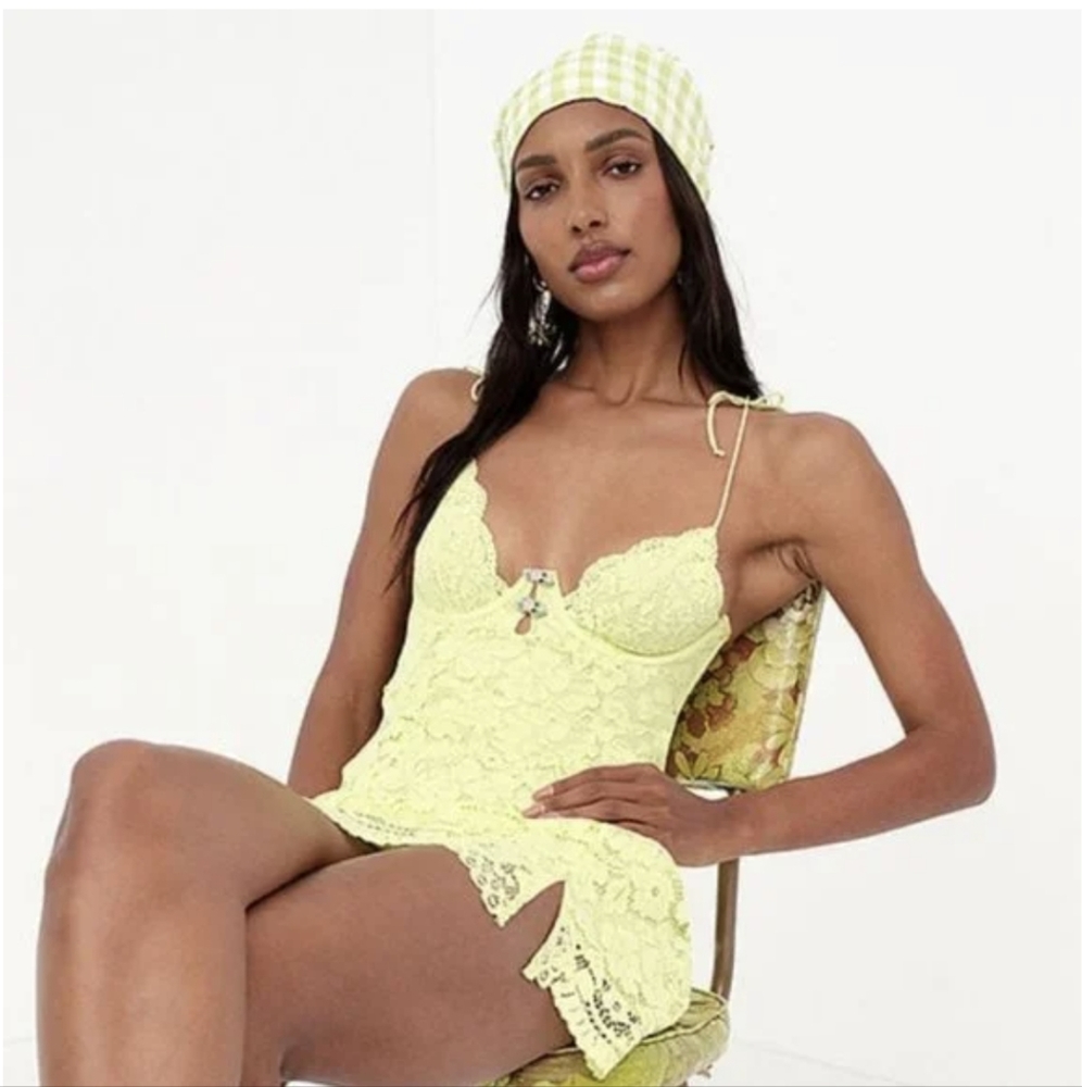 NWT For Love and Lemons Lime Creamsicle Lace Cut Out Mini Slip Dress - Picture 4 of 5